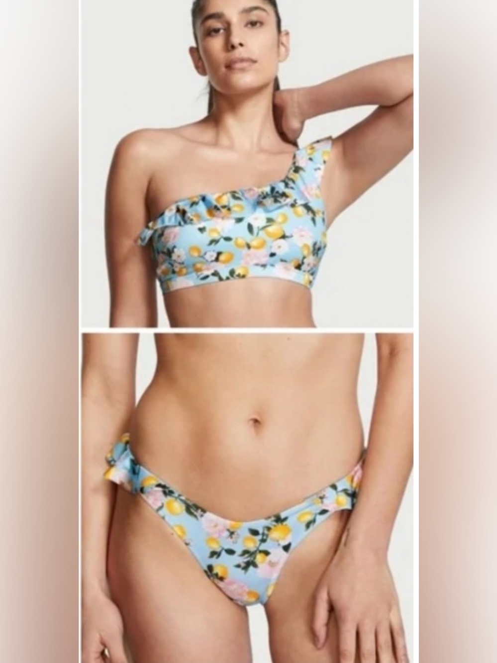 Victoria’s Secret Blue Lemon Floral Ruffle Bikini Set - One Shoulder Top